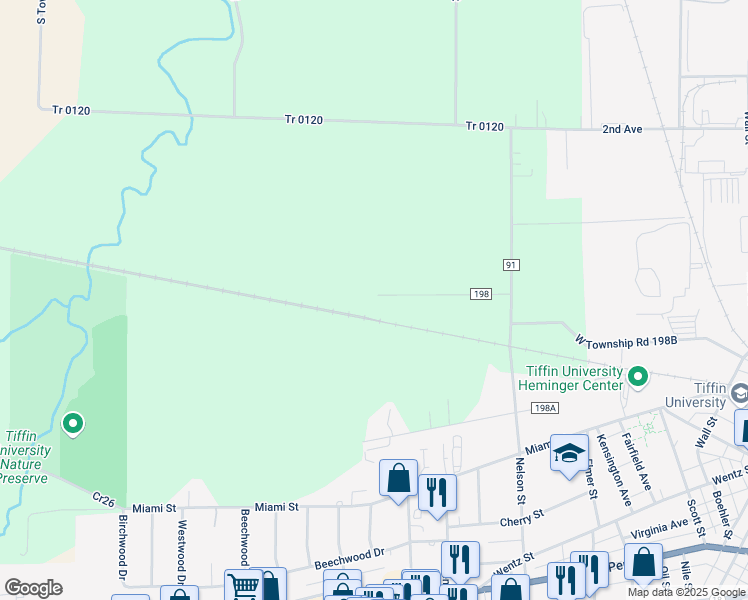 map of restaurants, bars, coffee shops, grocery stores, and more near 1658 Township Road 198 in Tiffin