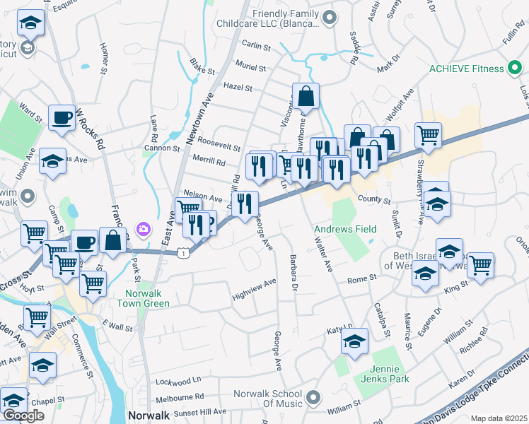 map of restaurants, bars, coffee shops, grocery stores, and more near 152 Westport Avenue in Norwalk