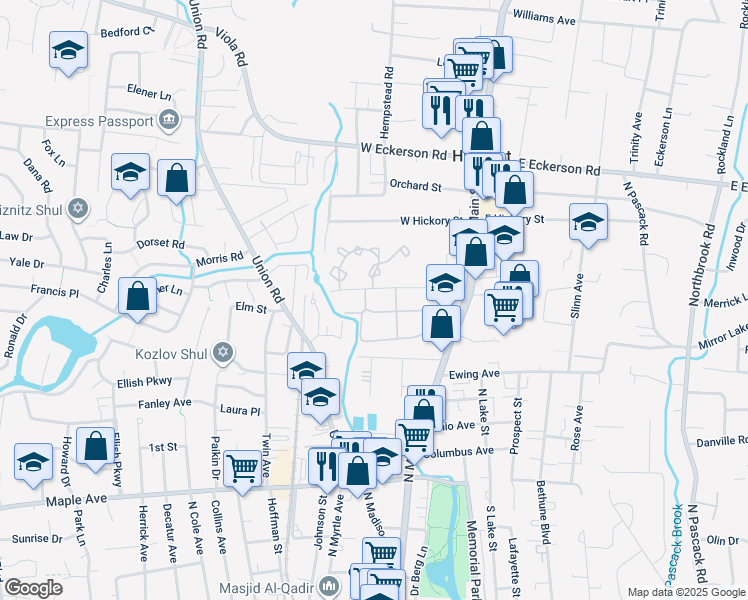 map of restaurants, bars, coffee shops, grocery stores, and more near 96 Sneden Place West in Spring Valley