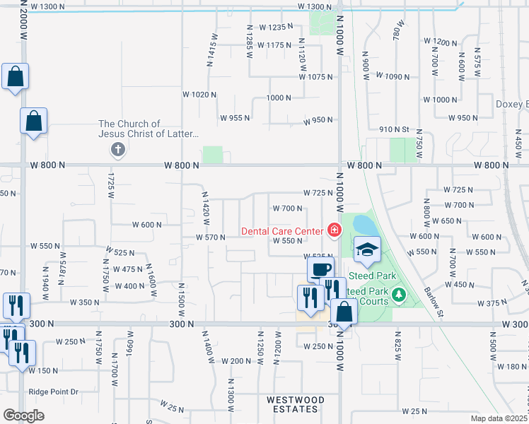 map of restaurants, bars, coffee shops, grocery stores, and more near 691 North 1250 West in Clearfield
