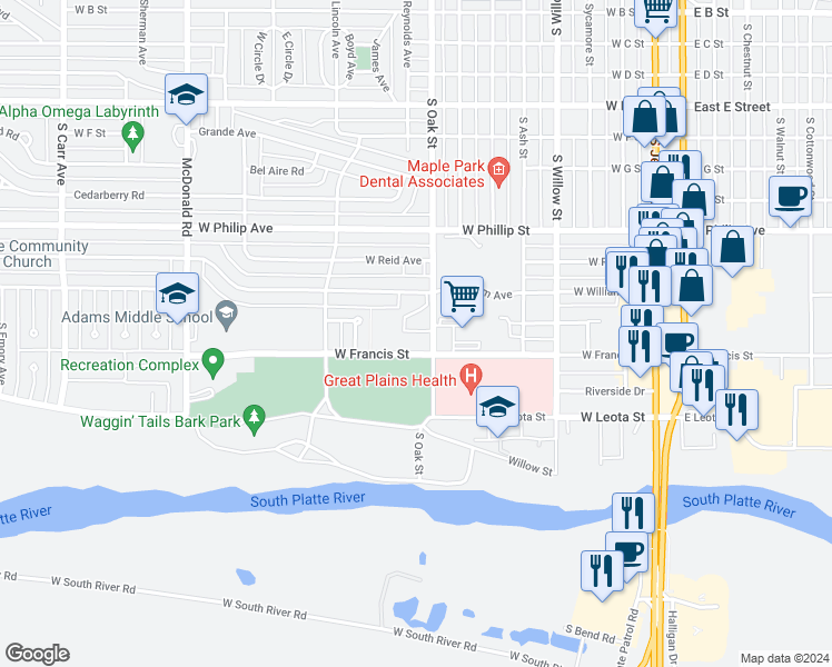 map of restaurants, bars, coffee shops, grocery stores, and more near 1311 South Oak Street in North Platte