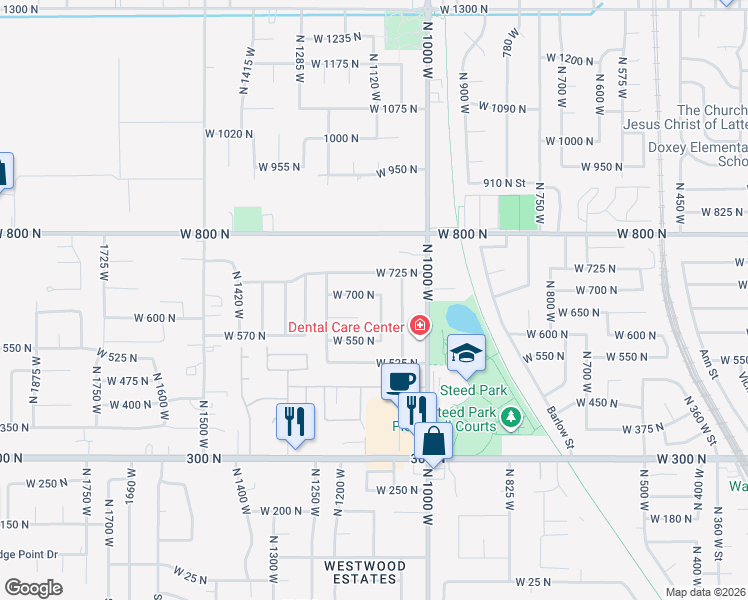 map of restaurants, bars, coffee shops, grocery stores, and more near 608 North 1100 West in Clearfield