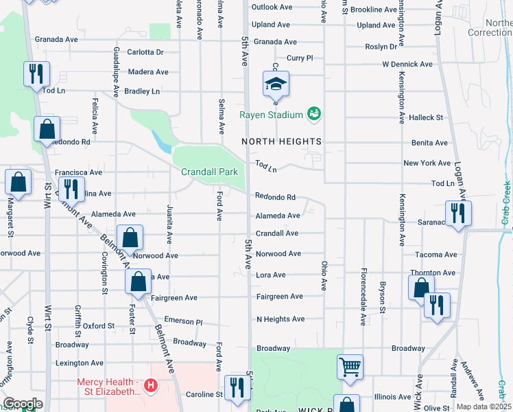 map of restaurants, bars, coffee shops, grocery stores, and more near 287 Alameda Avenue in Youngstown