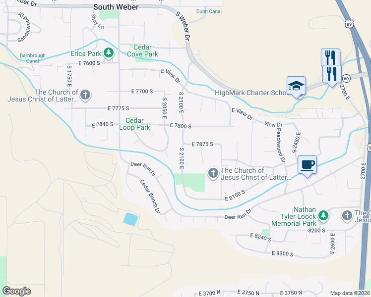 map of restaurants, bars, coffee shops, grocery stores, and more near 7886 South 2100 East in South Weber