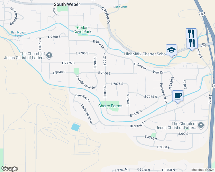 map of restaurants, bars, coffee shops, grocery stores, and more near 7886 South 2100 East in South Weber