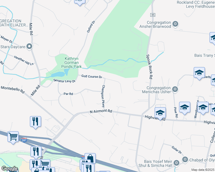 map of restaurants, bars, coffee shops, grocery stores, and more near 10 Champion Parkway in Suffern