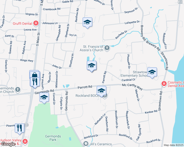 map of restaurants, bars, coffee shops, grocery stores, and more near 30 Parrott Road in West Nyack