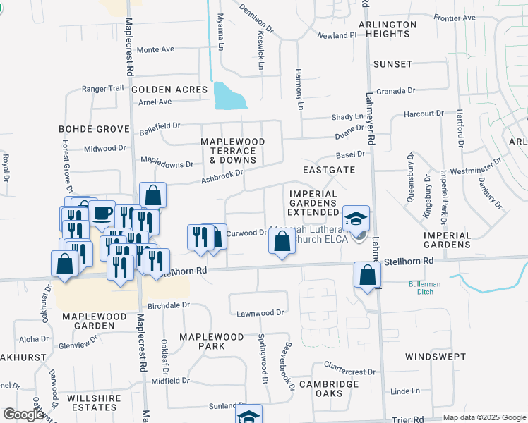 map of restaurants, bars, coffee shops, grocery stores, and more near 11025 Briarcliff Drive in Fort Wayne