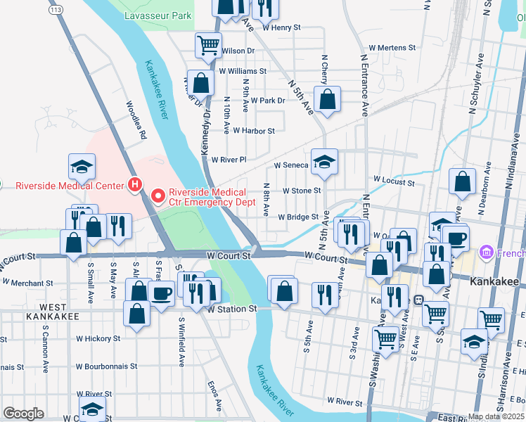 map of restaurants, bars, coffee shops, grocery stores, and more near 225 North 8th Avenue in Kankakee