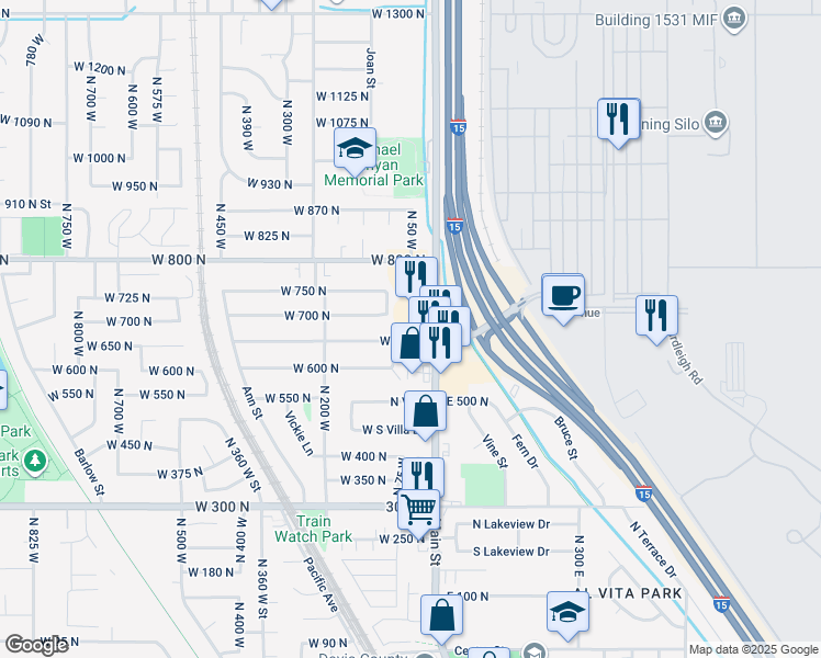 map of restaurants, bars, coffee shops, grocery stores, and more near 41 West 650 North in Clearfield