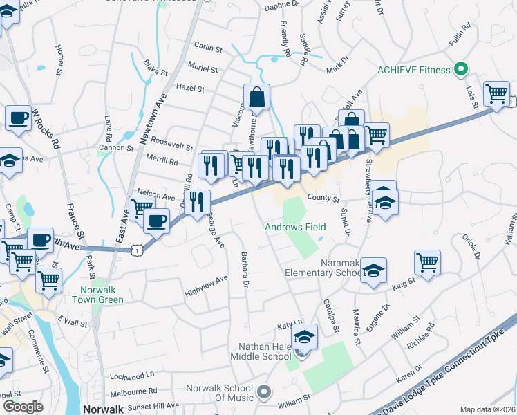 map of restaurants, bars, coffee shops, grocery stores, and more near 218 U.S. 1 in Norwalk