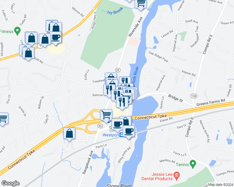 map of restaurants, bars, coffee shops, grocery stores, and more near 20 Saugatuck Avenue in Westport