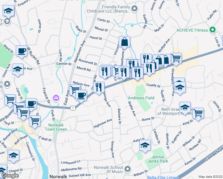 map of restaurants, bars, coffee shops, grocery stores, and more near 179 Westport Avenue in Norwalk