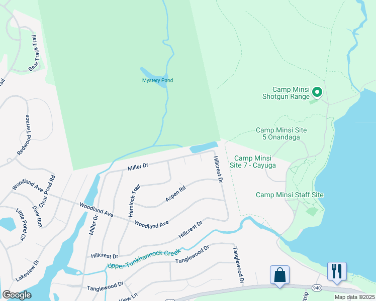 map of restaurants, bars, coffee shops, grocery stores, and more near Miller Drive in Pocono Pines
