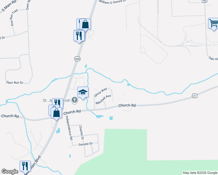 map of restaurants, bars, coffee shops, grocery stores, and more near in Mountain Top