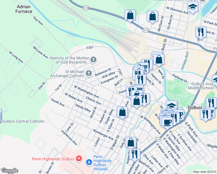 map of restaurants, bars, coffee shops, grocery stores, and more near 114 Evergreen Street in DuBois