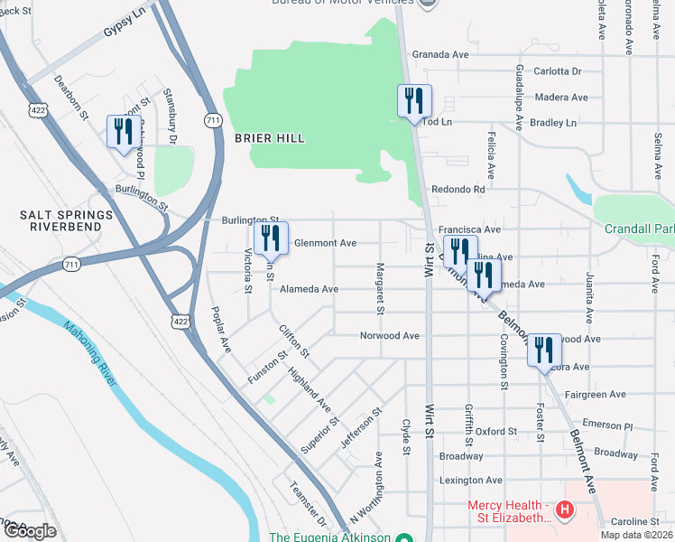 map of restaurants, bars, coffee shops, grocery stores, and more near 1253 Raymond Street in Youngstown