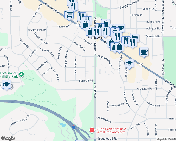 map of restaurants, bars, coffee shops, grocery stores, and more near 142 South Miller Road in Fairlawn