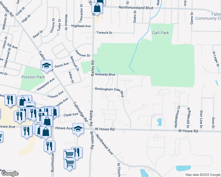 map of restaurants, bars, coffee shops, grocery stores, and more near 1411 Buckingham Gate Boulevard in Cuyahoga Falls