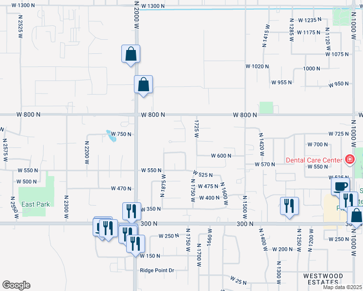map of restaurants, bars, coffee shops, grocery stores, and more near 1805 West 675 North in West Point