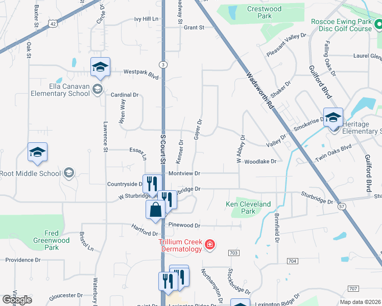 map of restaurants, bars, coffee shops, grocery stores, and more near 910 Gayer Drive in Medina