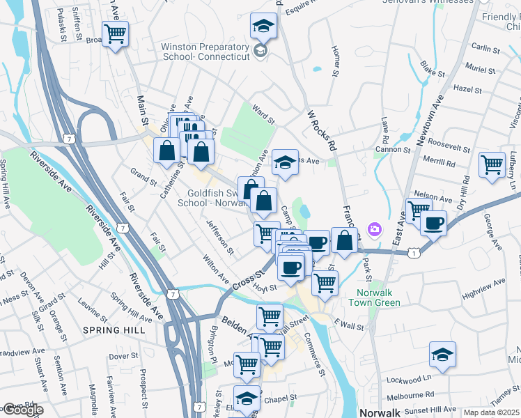 map of restaurants, bars, coffee shops, grocery stores, and more near 21 Camp Street in Norwalk