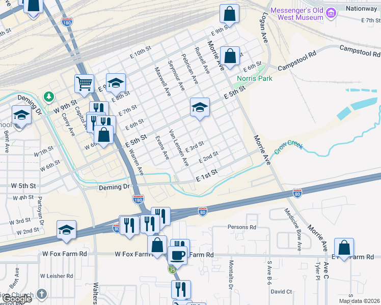 map of restaurants, bars, coffee shops, grocery stores, and more near 523 East 4th Street in Cheyenne