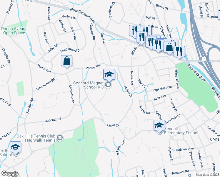 map of restaurants, bars, coffee shops, grocery stores, and more near 21 Hunters Lane in Norwalk