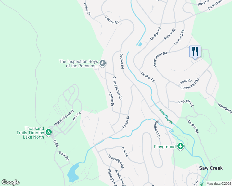 map of restaurants, bars, coffee shops, grocery stores, and more near 1249 Saw Creek Estate in Bushkill