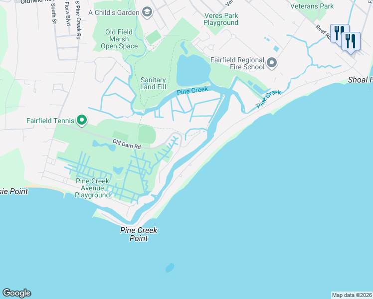 map of restaurants, bars, coffee shops, grocery stores, and more near 23 Old Dam Road in Fairfield