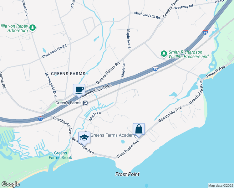 map of restaurants, bars, coffee shops, grocery stores, and more near 30 Maple Lane in Westport