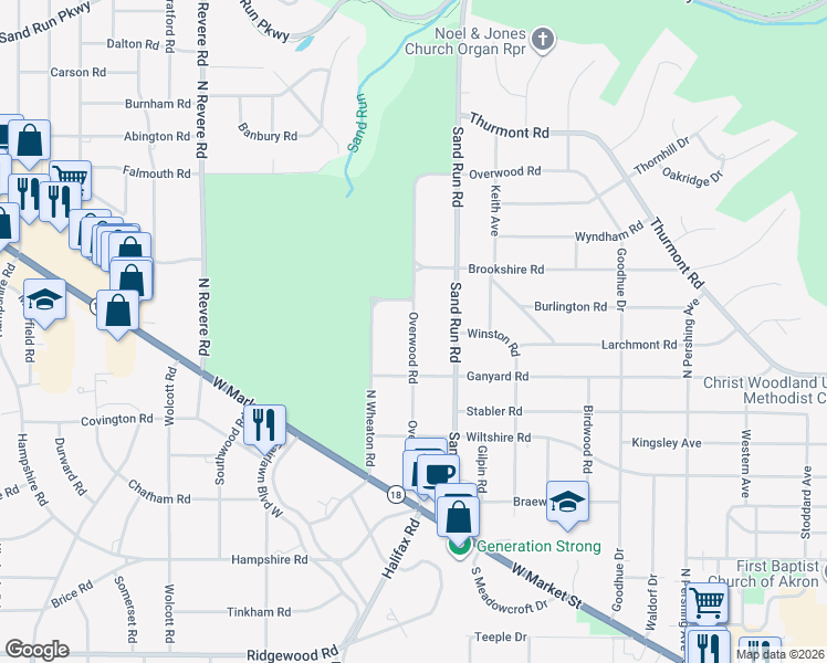 map of restaurants, bars, coffee shops, grocery stores, and more near 190 Overwood Road in Akron