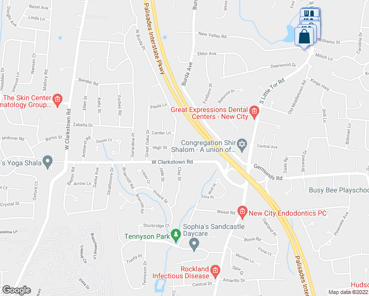 map of restaurants, bars, coffee shops, grocery stores, and more near 455 West Clarkstown Road in New City