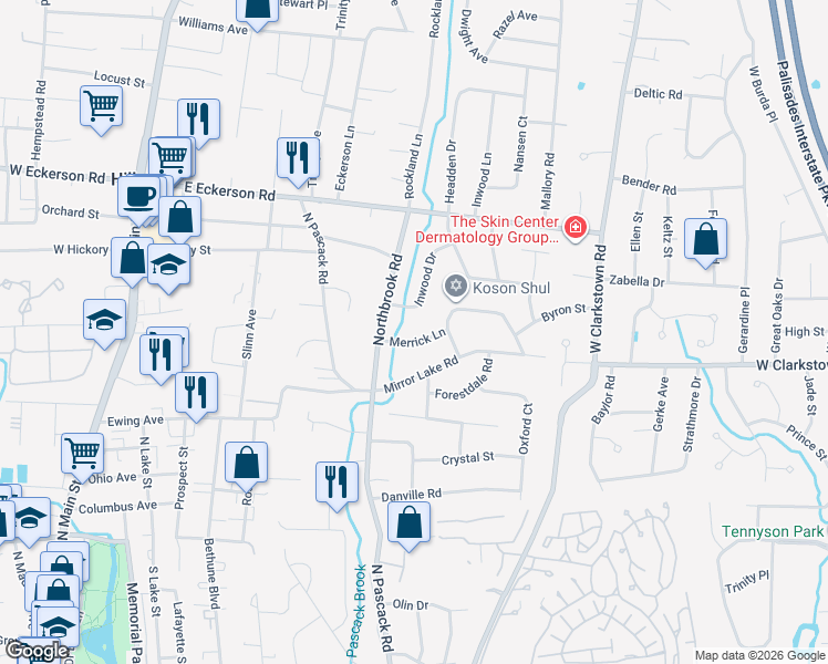map of restaurants, bars, coffee shops, grocery stores, and more near 1A Inwood Drive in Spring Valley