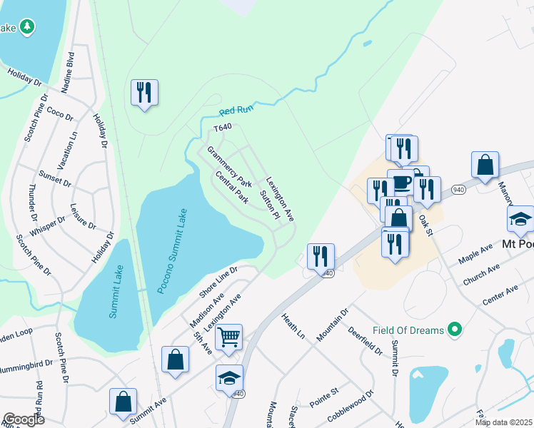 map of restaurants, bars, coffee shops, grocery stores, and more near 1305 Central Park in Mount Pocono