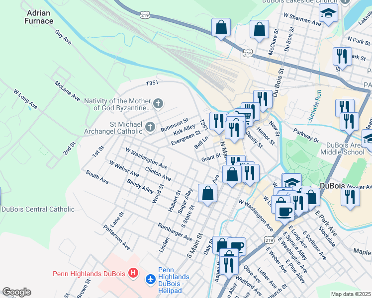 map of restaurants, bars, coffee shops, grocery stores, and more near 114 Evergreen Street in DuBois