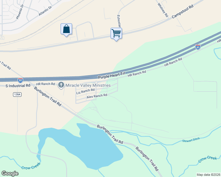 map of restaurants, bars, coffee shops, grocery stores, and more near HR Ranch Road in Cheyenne