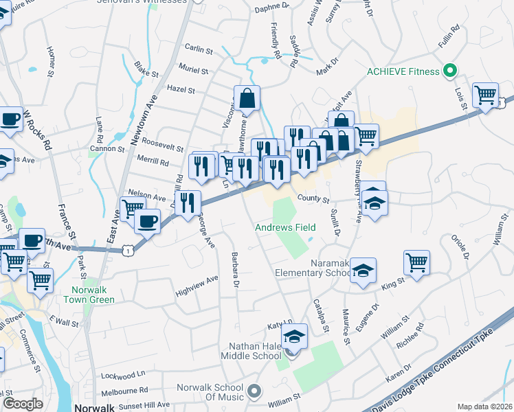 map of restaurants, bars, coffee shops, grocery stores, and more near 218 U.S. 1 in Norwalk