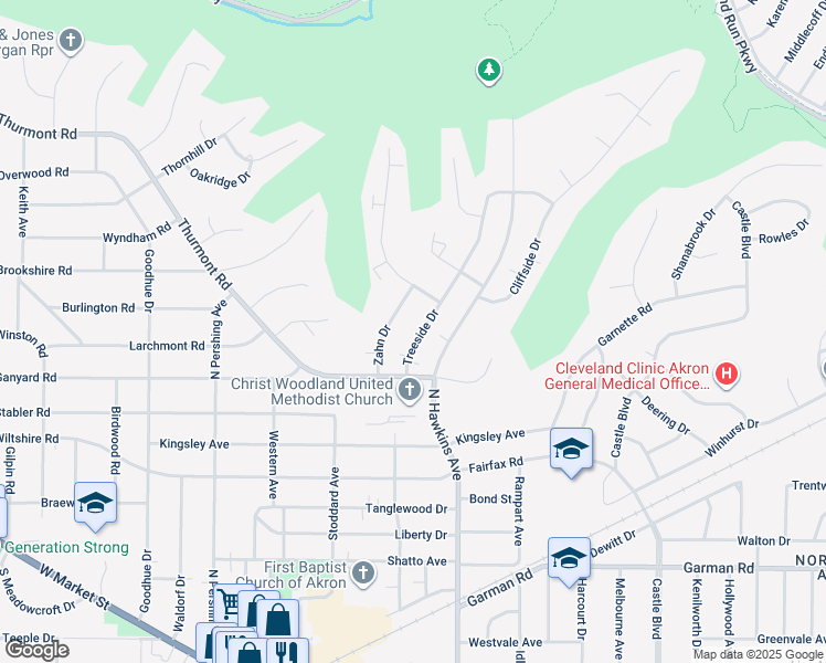 map of restaurants, bars, coffee shops, grocery stores, and more near 511 Zahn Drive in Akron