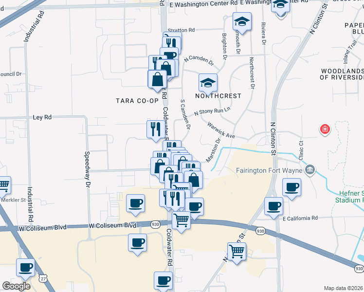 map of restaurants, bars, coffee shops, grocery stores, and more near 4902 South Camden Drive in Fort Wayne