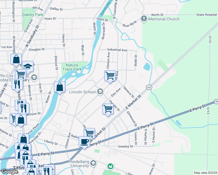 map of restaurants, bars, coffee shops, grocery stores, and more near 141-215 Ohio Ave in Tiffin