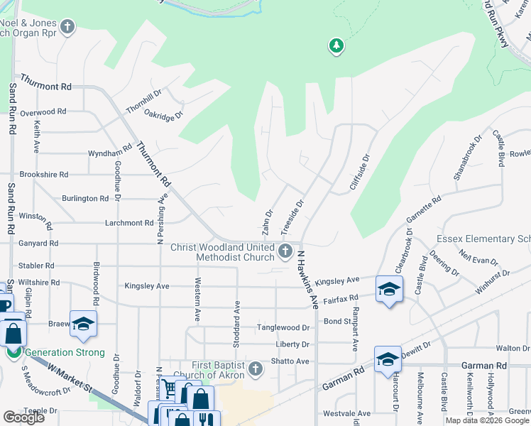 map of restaurants, bars, coffee shops, grocery stores, and more near 480 Zahn Drive in Akron