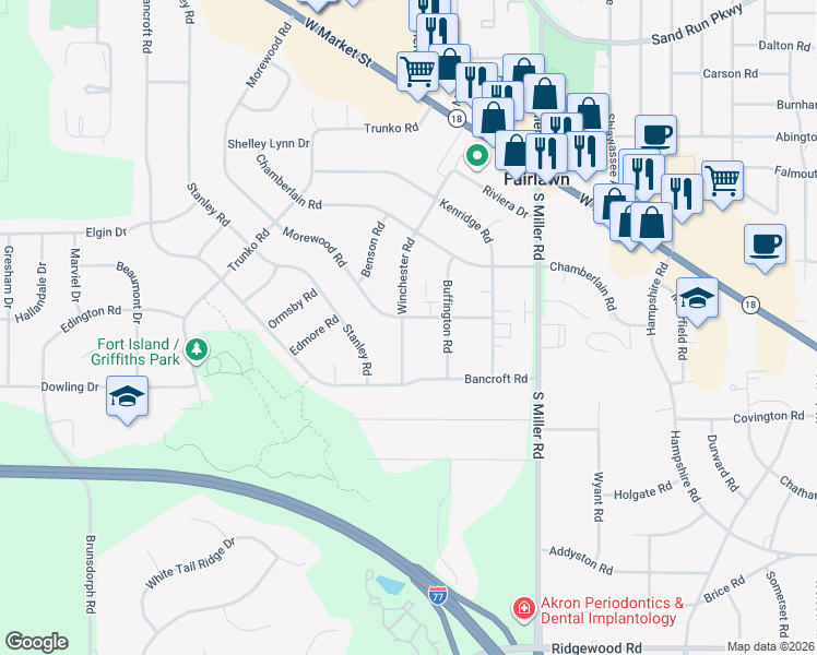 map of restaurants, bars, coffee shops, grocery stores, and more near 223 Winchester Road in Fairlawn