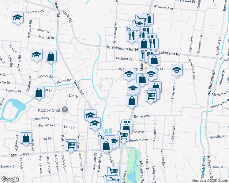 map of restaurants, bars, coffee shops, grocery stores, and more near 277 Sneden Place West in Spring Valley