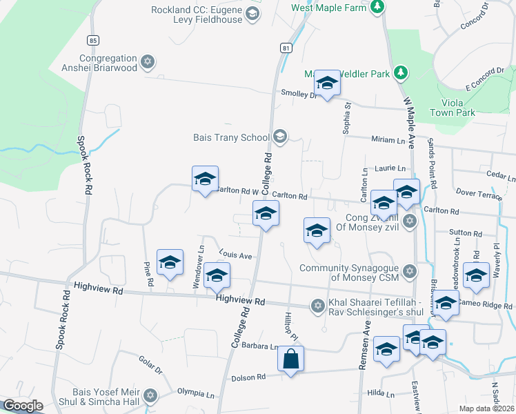 map of restaurants, bars, coffee shops, grocery stores, and more near 79 Carlton Road in Monsey