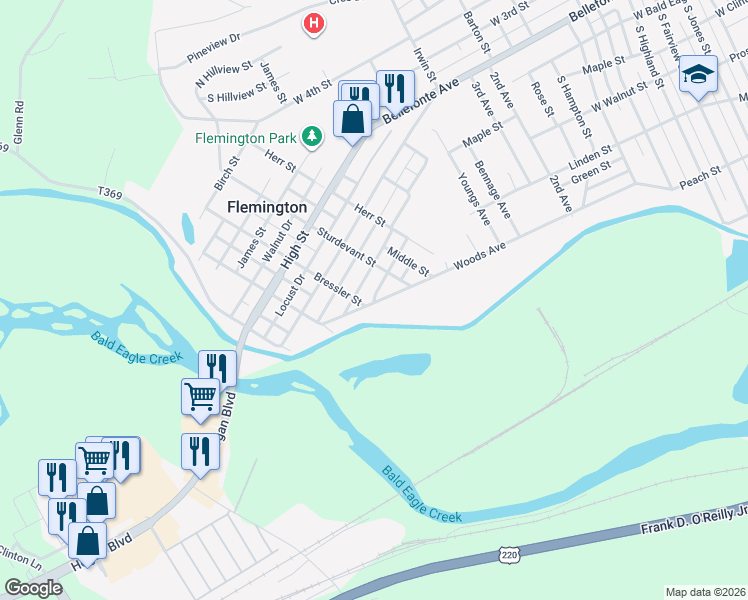 map of restaurants, bars, coffee shops, grocery stores, and more near 310 Wright Street in Flemington