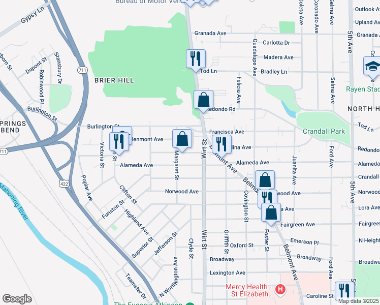 map of restaurants, bars, coffee shops, grocery stores, and more near 975 Glenmont Avenue in Youngstown