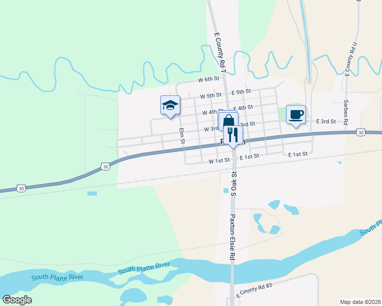 map of restaurants, bars, coffee shops, grocery stores, and more near 301-399 West 2nd Street in Paxton