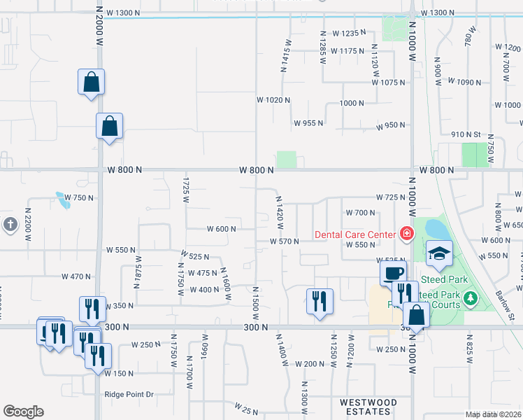 map of restaurants, bars, coffee shops, grocery stores, and more near 662 North 1500 West in Clinton