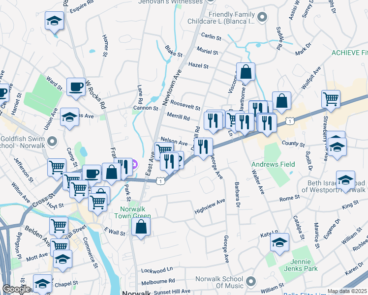 map of restaurants, bars, coffee shops, grocery stores, and more near 17 Nelson Avenue in Norwalk